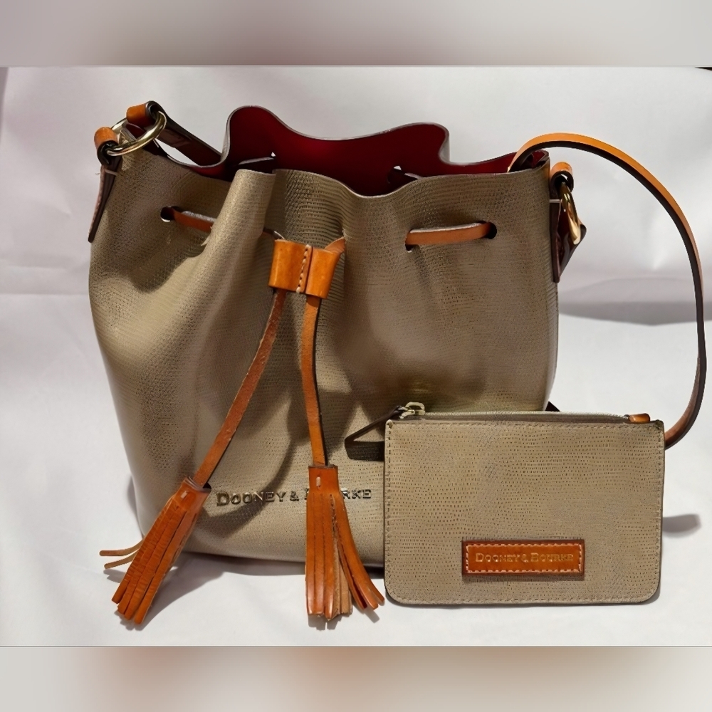 Dooney & Bourke Taupe Bucket Bag with Tan Trim and Matching Wallet